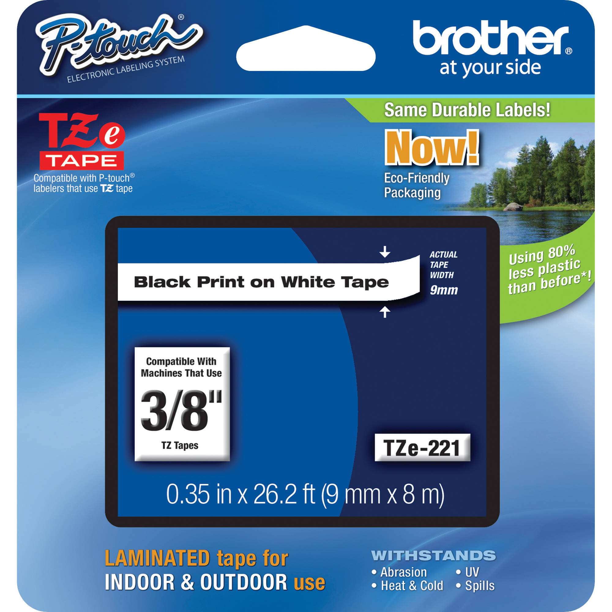 Brother TZe221 Laminated Tape for P-Touch Labelers (Black on White, 3/8" x 26.2')